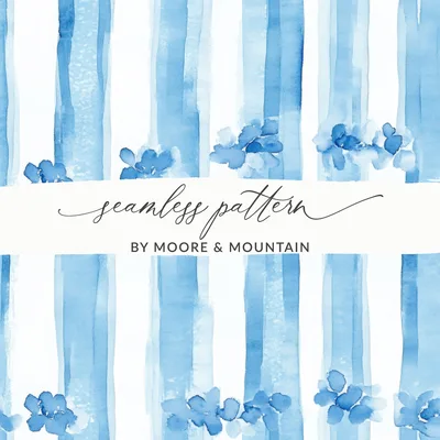 Trellis Watercolor Blue Floral Stripes Seamless Grandmillenial Digital