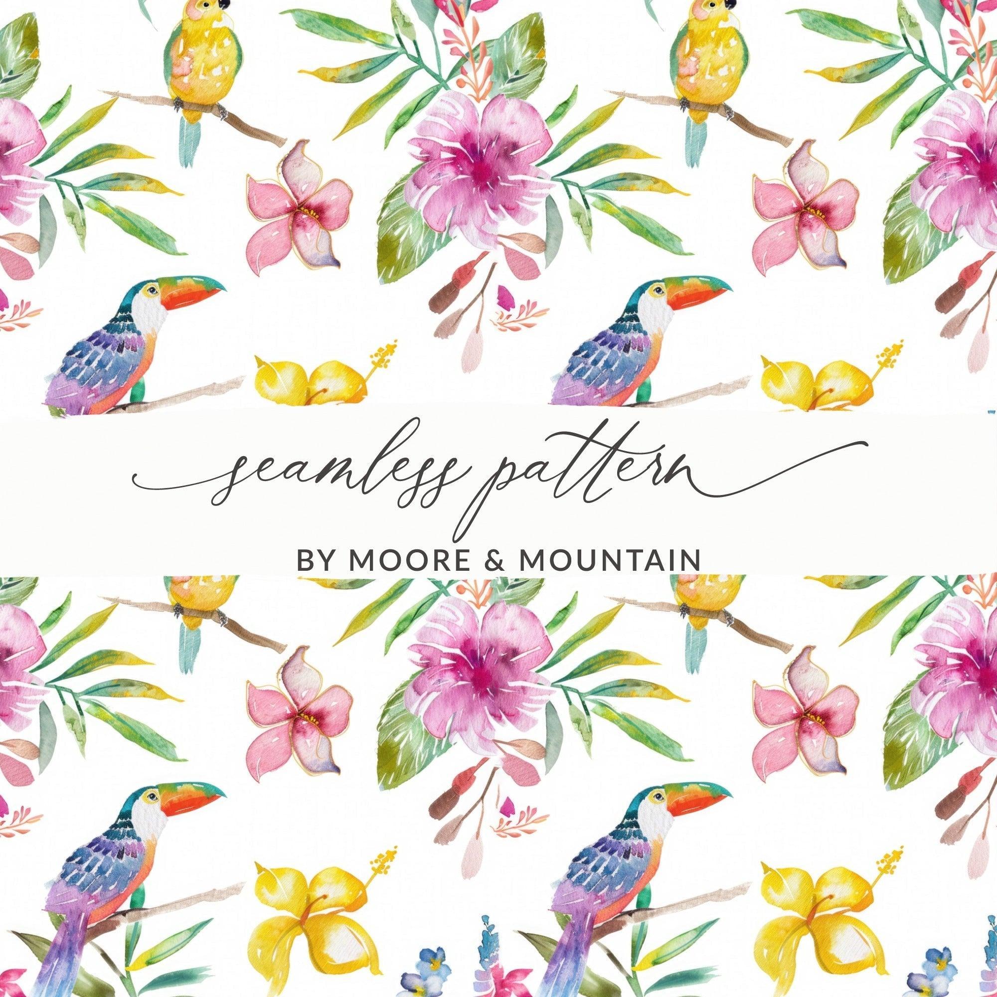 Tropical Birds Seamless Pattern Digital Paper, Watercolor Floral Digital Pattern, Hibiscus Flower, Toucan Parrot Pattern, Summer Design