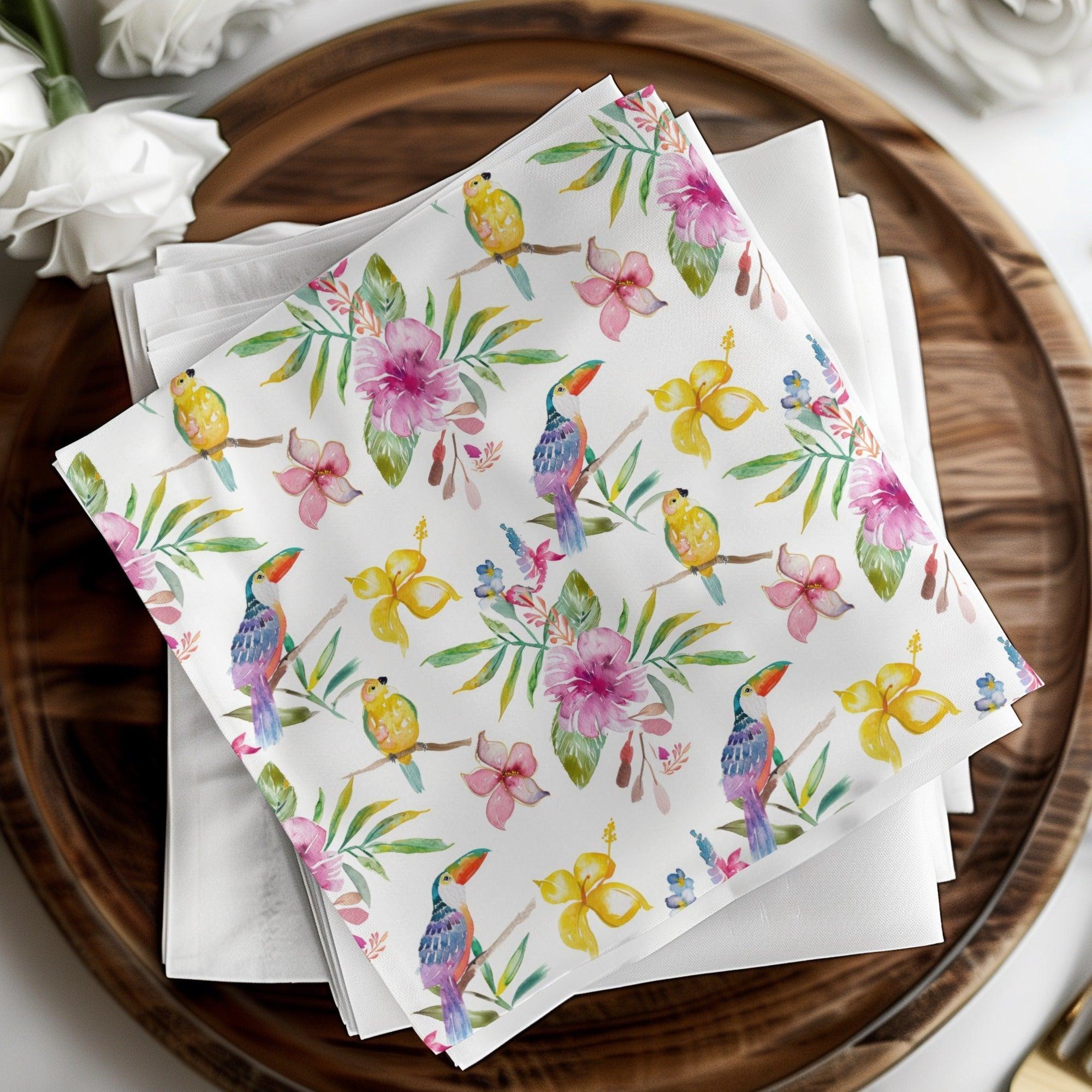 Tropical Birds Seamless Pattern Digital Paper, Watercolor Floral Digital Pattern, Hibiscus Flower, Toucan Parrot Pattern, Summer Design