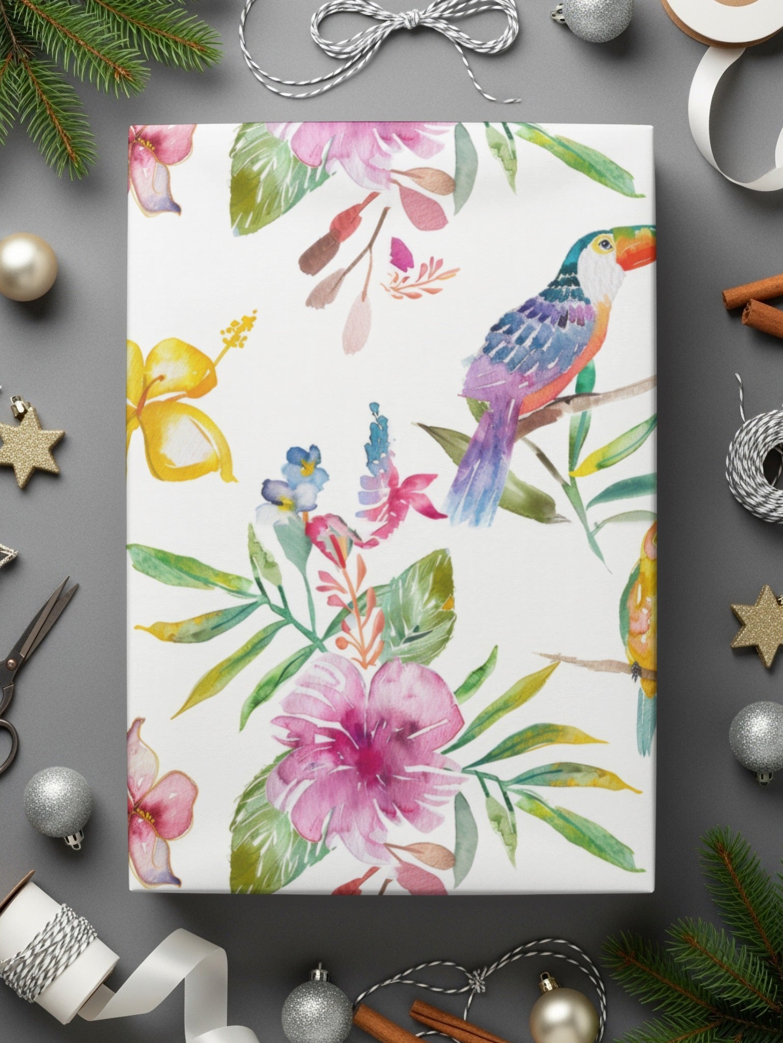 Tropical Birds Seamless Pattern Digital Paper, Watercolor Floral Digital Pattern, Hibiscus Flower, Toucan Parrot Pattern, Summer Design