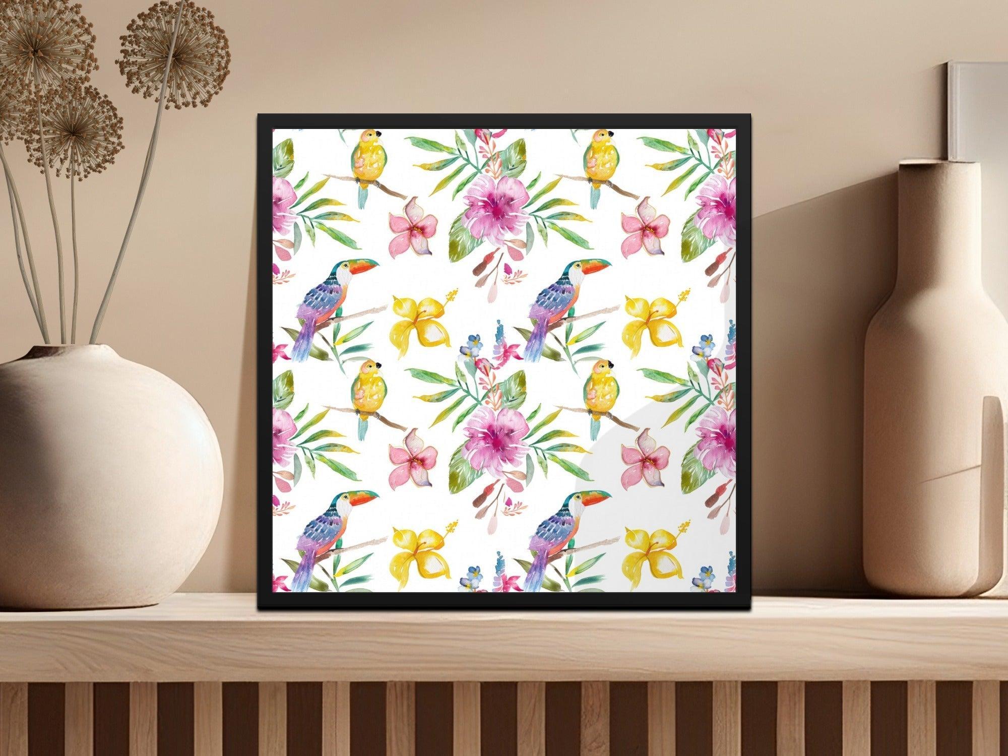 Tropical Birds Seamless Pattern Digital Paper, Watercolor Floral Digital Pattern, Hibiscus Flower, Toucan Parrot Pattern, Summer Design