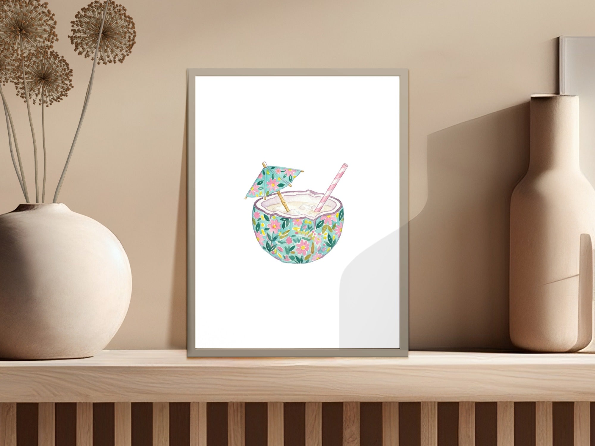 Tropical Coconut Drink Watercolor Digital Print, Summer Cocktail Art, Beach House Decor, Vacation Vibe Illustration SVG