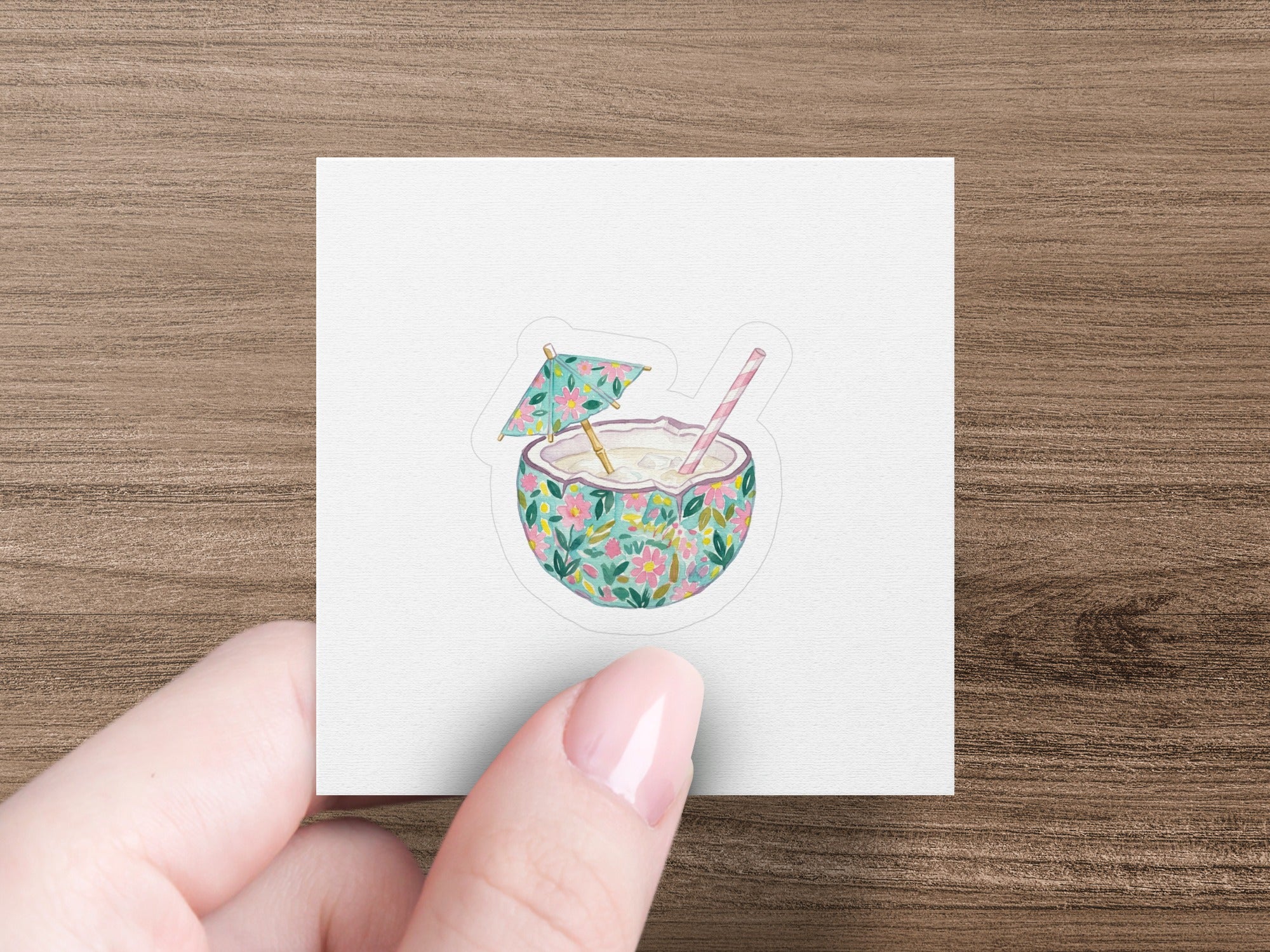 Tropical Coconut Drink Watercolor Digital Print, Summer Cocktail Art, Beach House Decor, Vacation Vibe Illustration SVG