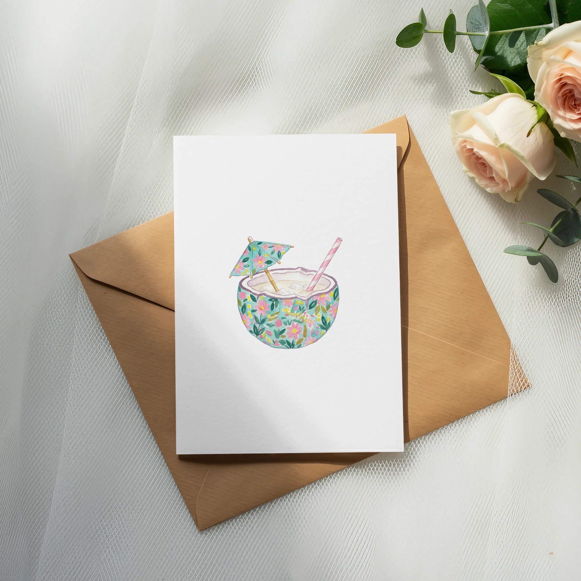 Tropical Coconut Drink Watercolor Digital Print, Summer Cocktail Art, Beach House Decor, Vacation Vibe Illustration SVG