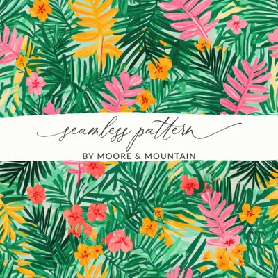 Tropical Digital Paper, Green Palm Leaf, Pink Floral Pattern, Summer Print, Abstract Background, Instant Download