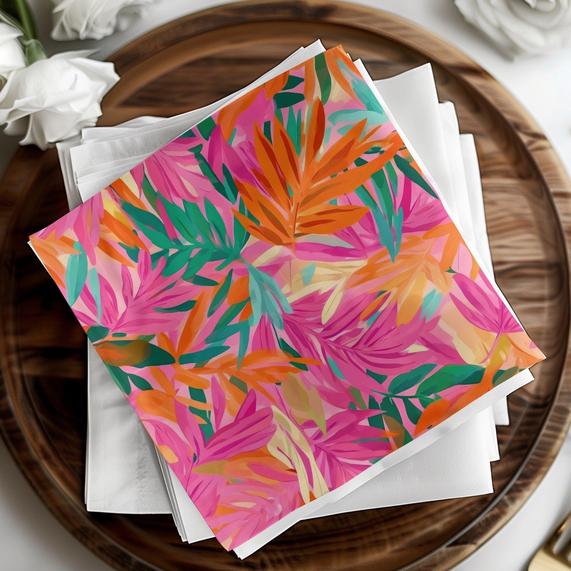 Tropical Leaf Digital Paper, Seamless Floral Pattern, Pink Orange Green Leaves, Scrapbooking Paper, Fabric Design, Digital Download