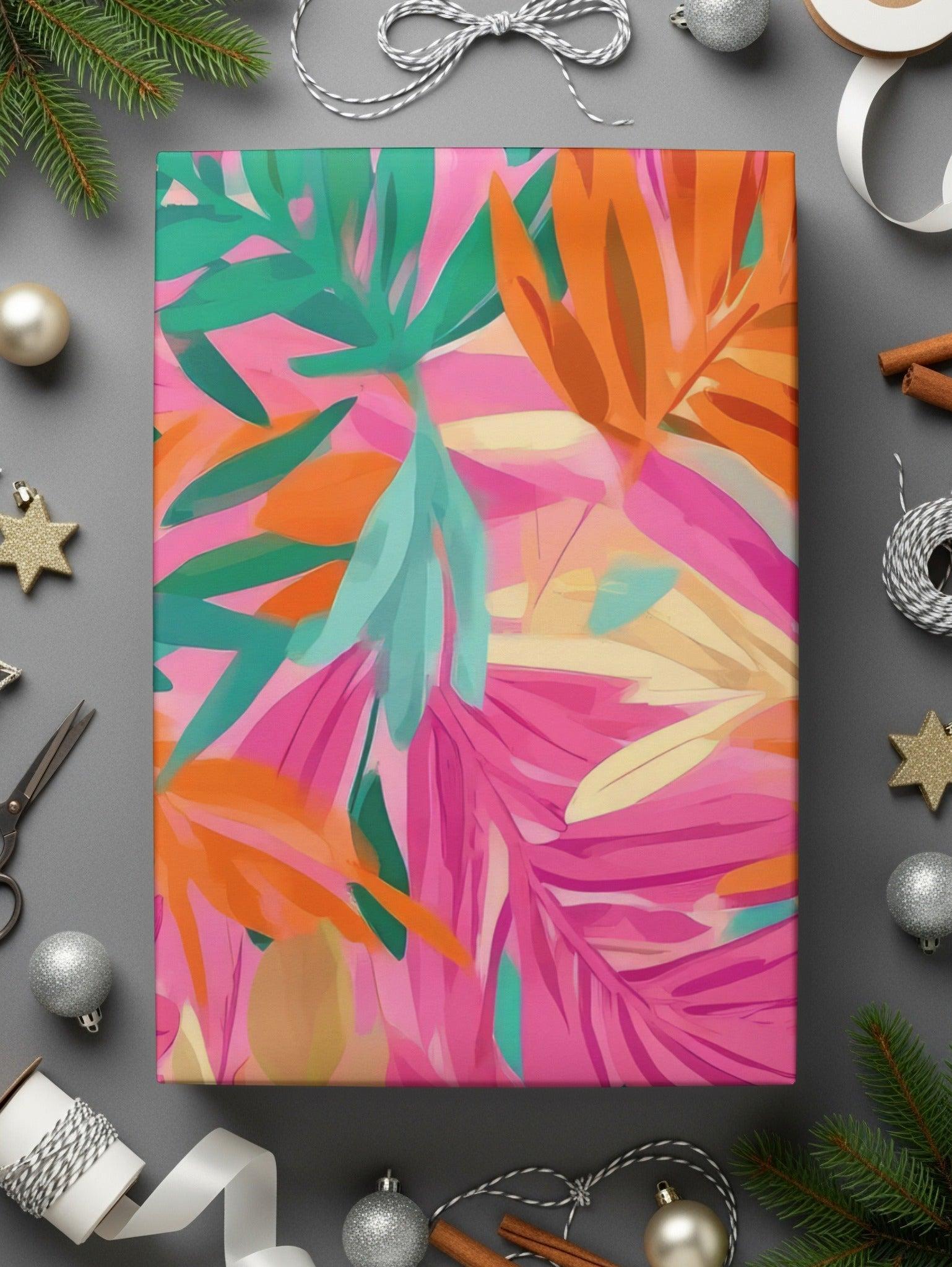 Tropical Leaf Digital Paper, Seamless Floral Pattern, Pink Orange Green Leaves, Scrapbooking Paper, Fabric Design, Digital Download