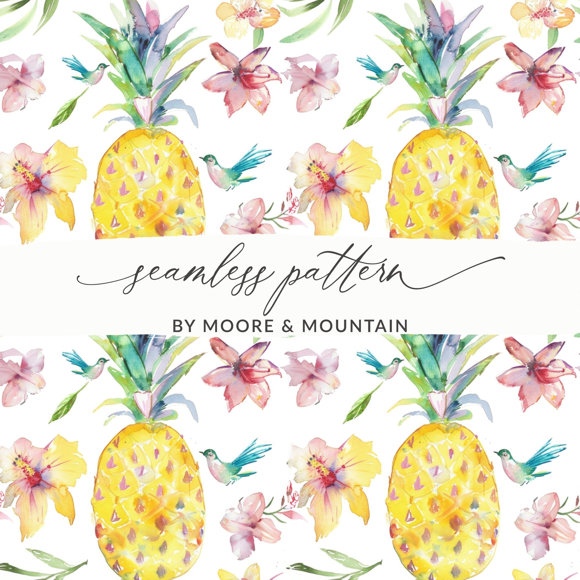 Tropical Pineapple Seamless Pattern, Watercolor Floral Digital Paper, Hibiscus Flower, Bird Design, Summer Background, Digital