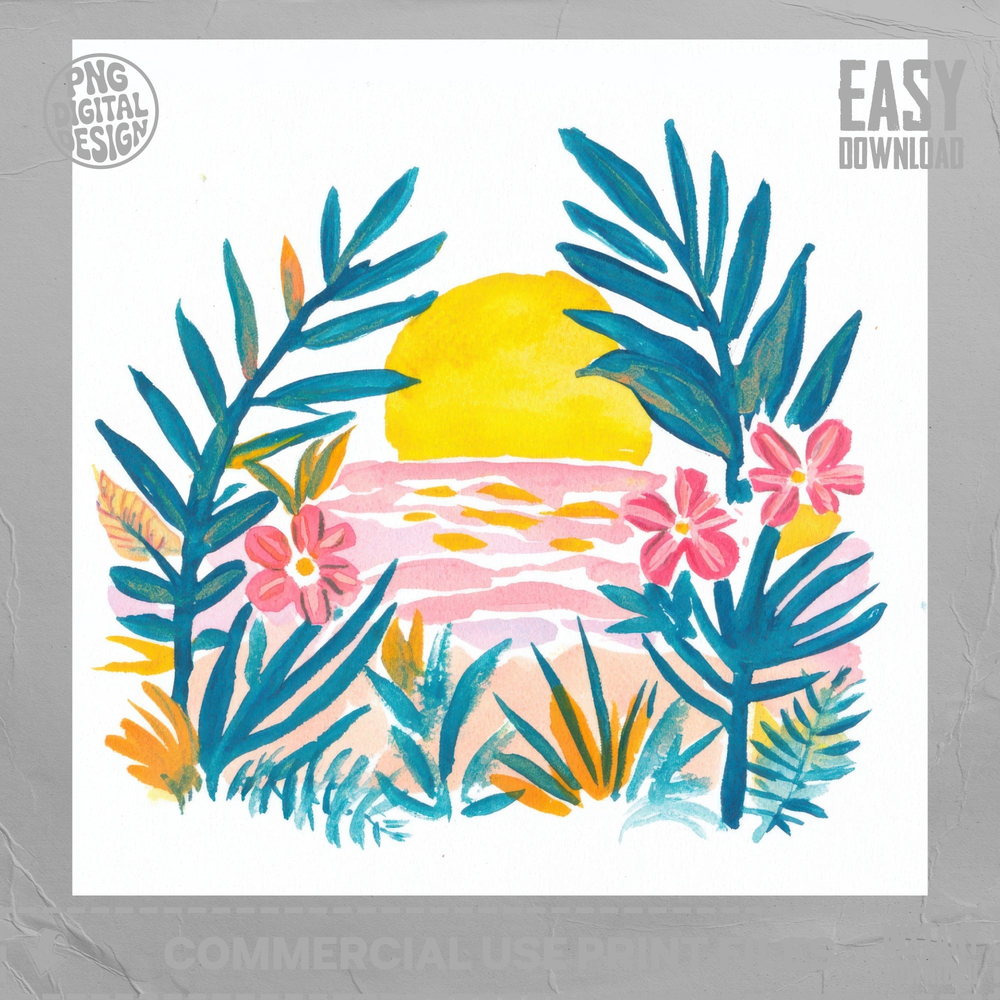 Tropical Sunset Digital Art, Preppy Beach Clipart, Vibrant PNG SVG, Cute Pink Flowers, Rainbow Pastel Ocean, Summer Stickers