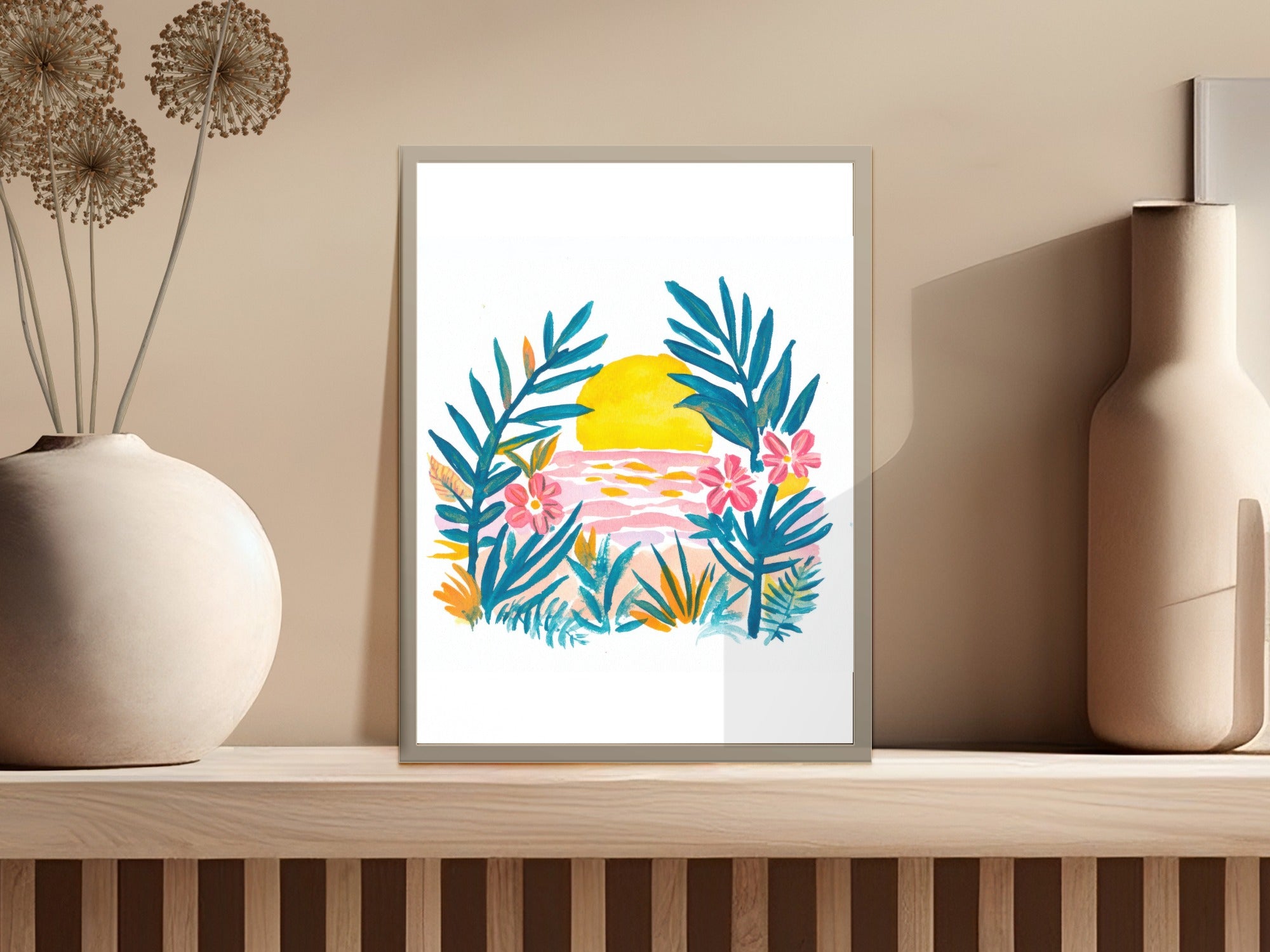 Tropical Sunset Digital Art, Preppy Beach Clipart, Vibrant PNG SVG, Cute Pink Flowers, Rainbow Pastel Ocean, Summer Stickers