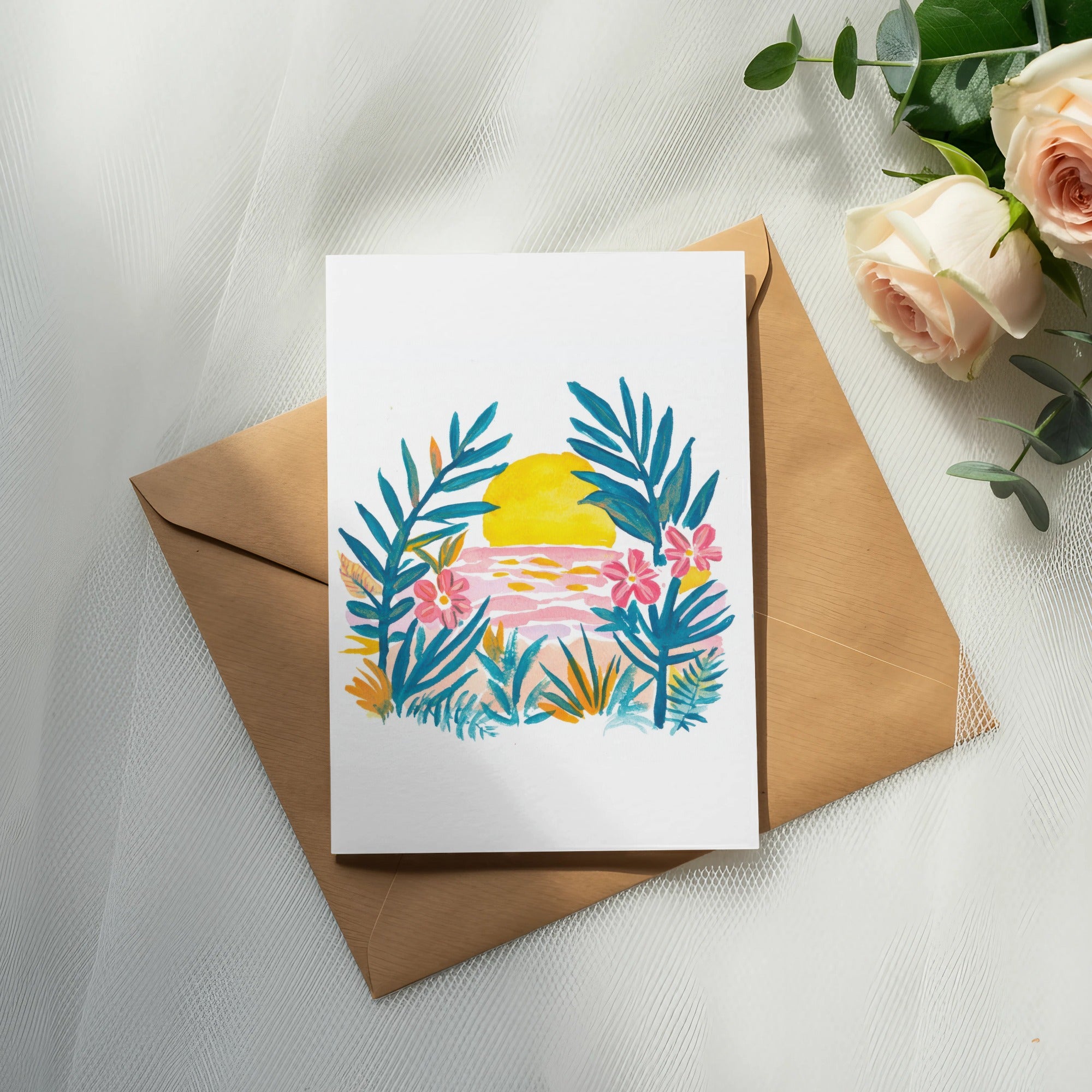 Tropical Sunset Digital Art, Preppy Beach Clipart, Vibrant PNG SVG, Cute Pink Flowers, Rainbow Pastel Ocean, Summer Stickers