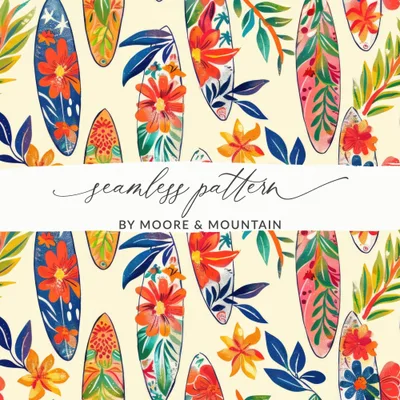 Tropical Surfboard Digital Paper, Floral Seamless Pattern, Summer Vibe, Surfing Clipart, Beach Pattern Digital, Hawaiian Design