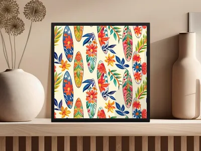 Tropical Surfboard Digital Paper, Floral Seamless Pattern, Summer Vibe, Surfing Clipart, Beach Pattern Digital, Hawaiian Design