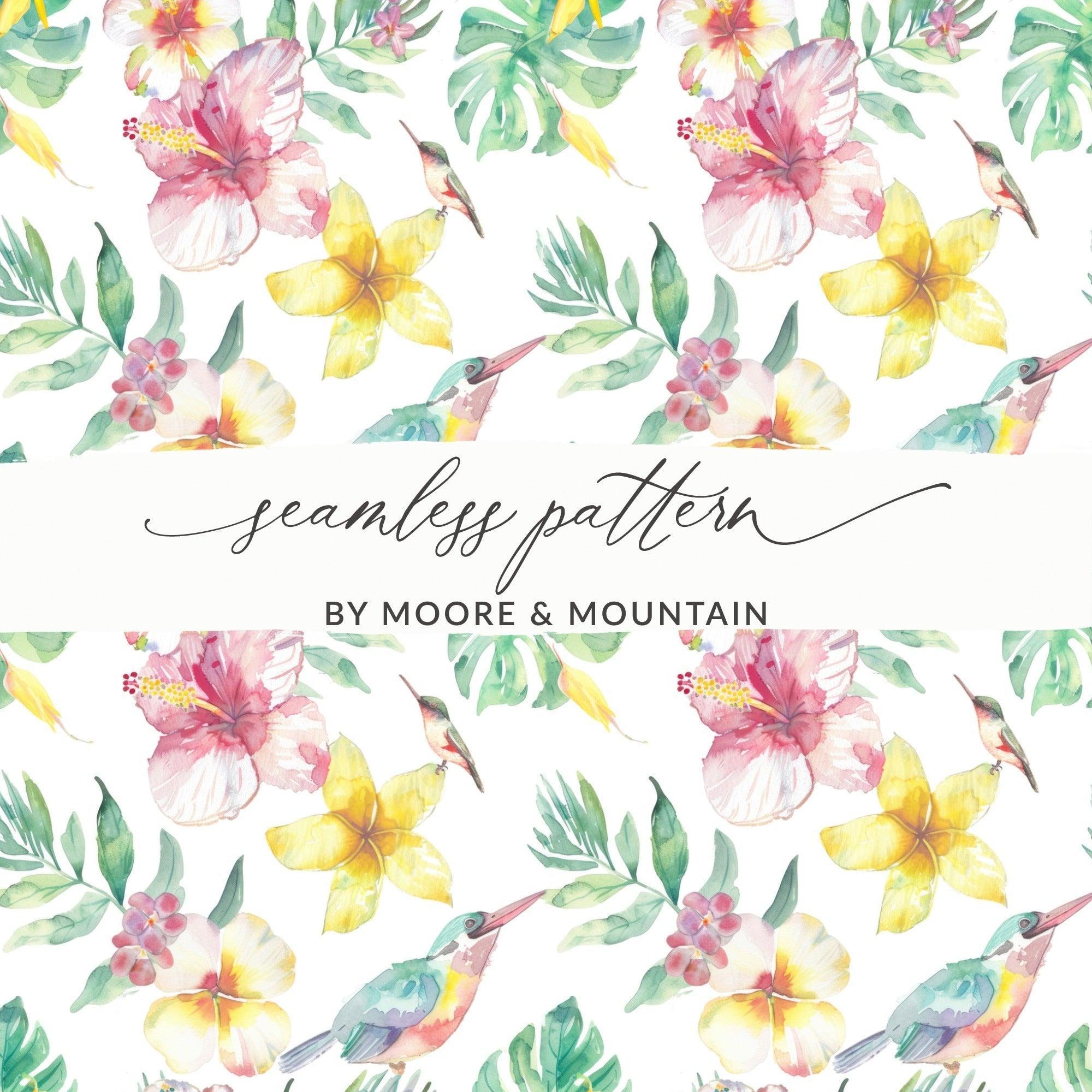 Tropical Watercolor Digital Paper, Floral Seamless Pattern, Hibiscus, Plumeria, Bird, Leaves, Digital Download, Scrapbooking Paper