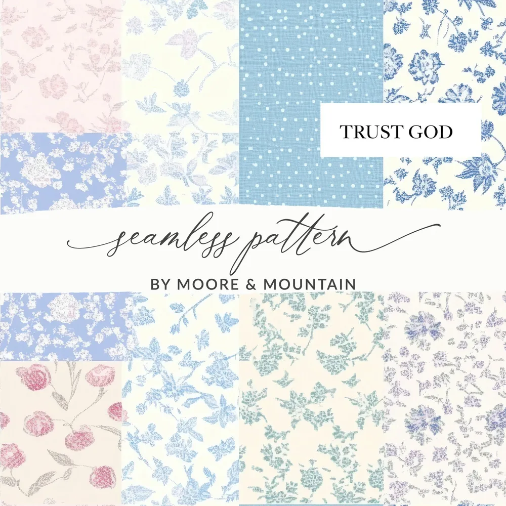 Trust God Floral Digital Paper, Seamless Pattern, Scrapbook Paper, Pastel Flowers, Polka Dot Print, Digital Download, 12x12, JPEG