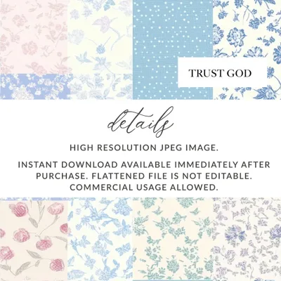 Trust God Floral Digital Paper, Seamless Pattern, Scrapbook Paper, Pastel Flowers, Polka Dot Print, Digital Download, 12x12, JPEG