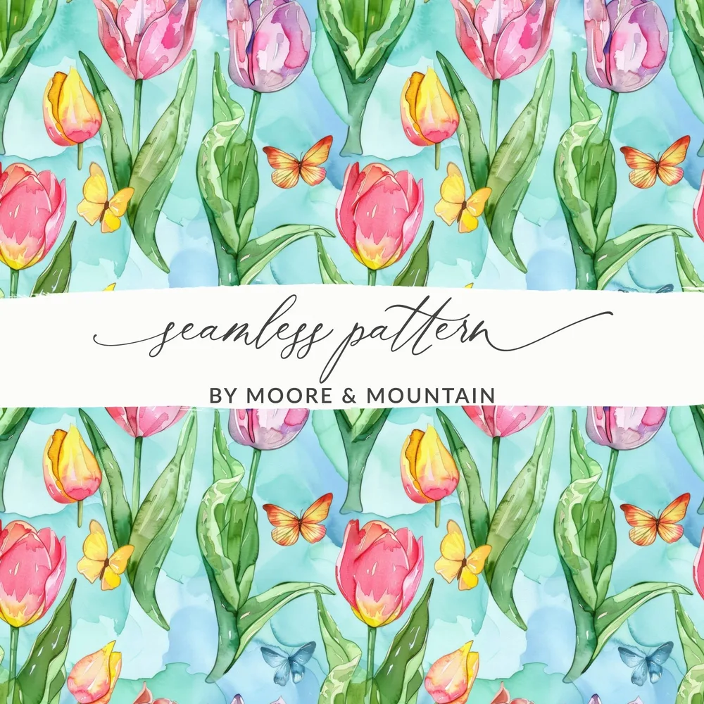Tulip Digital Paper, Watercolor Seamless Pattern, Spring Background, Floral Surface Pattern, Butterfly Texture, Digital Download