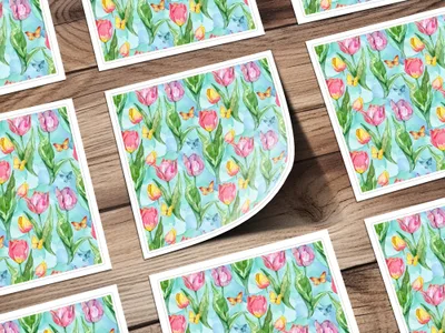 Tulip Digital Paper, Watercolor Seamless Pattern, Spring Background, Floral Surface Pattern, Butterfly Texture, Digital Download