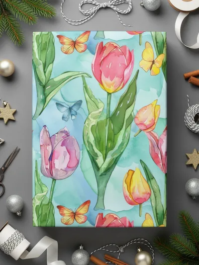 Tulip Digital Paper, Watercolor Seamless Pattern, Spring Background, Floral Surface Pattern, Butterfly Texture, Digital Download