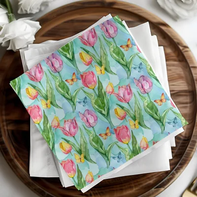 Tulip Digital Paper, Watercolor Seamless Pattern, Spring Background, Floral Surface Pattern, Butterfly Texture, Digital Download