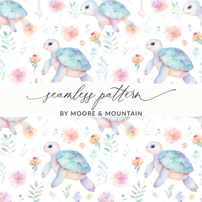 Turtle Digital Paper, Watercolor Seamless Pattern, Pastel Flowers, Baby Animal Print, Scrapbook Paper, Fabric Design, Digital Download