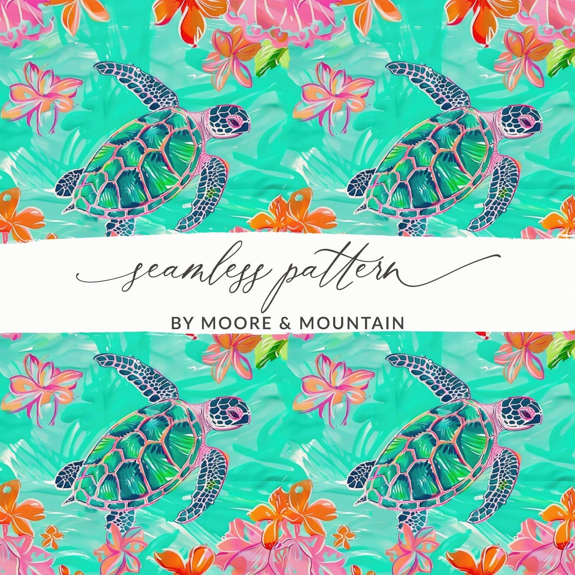 Turtle Seamless Pattern Digital, Tropical Flowers, 12x12 JPEG, Repeat Pattern, Fabric Design, Digital Paper Pack, Sea Turtle Design