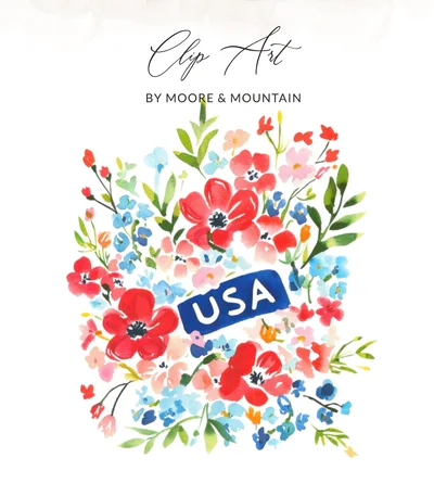 USA Patriotic Floral Preppy Clip Art Clipart, Fourth of July Flowers Digital Art, Independence Day Celebration Graphic, Red White Blue Blooms SVG