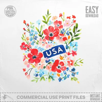 USA Patriotic Floral Preppy Clip Art Clipart, Fourth of July Flowers Digital Art, Independence Day Celebration Graphic, Red White Blue Blooms SVG