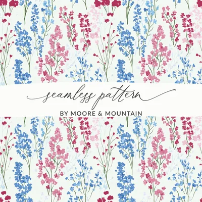 Vibrant Abstract Floral Digital Paper, Blue Pink Delphinium Poppies Seamless Pattern, Watercolor Spring Bloom Art, Instant Digital