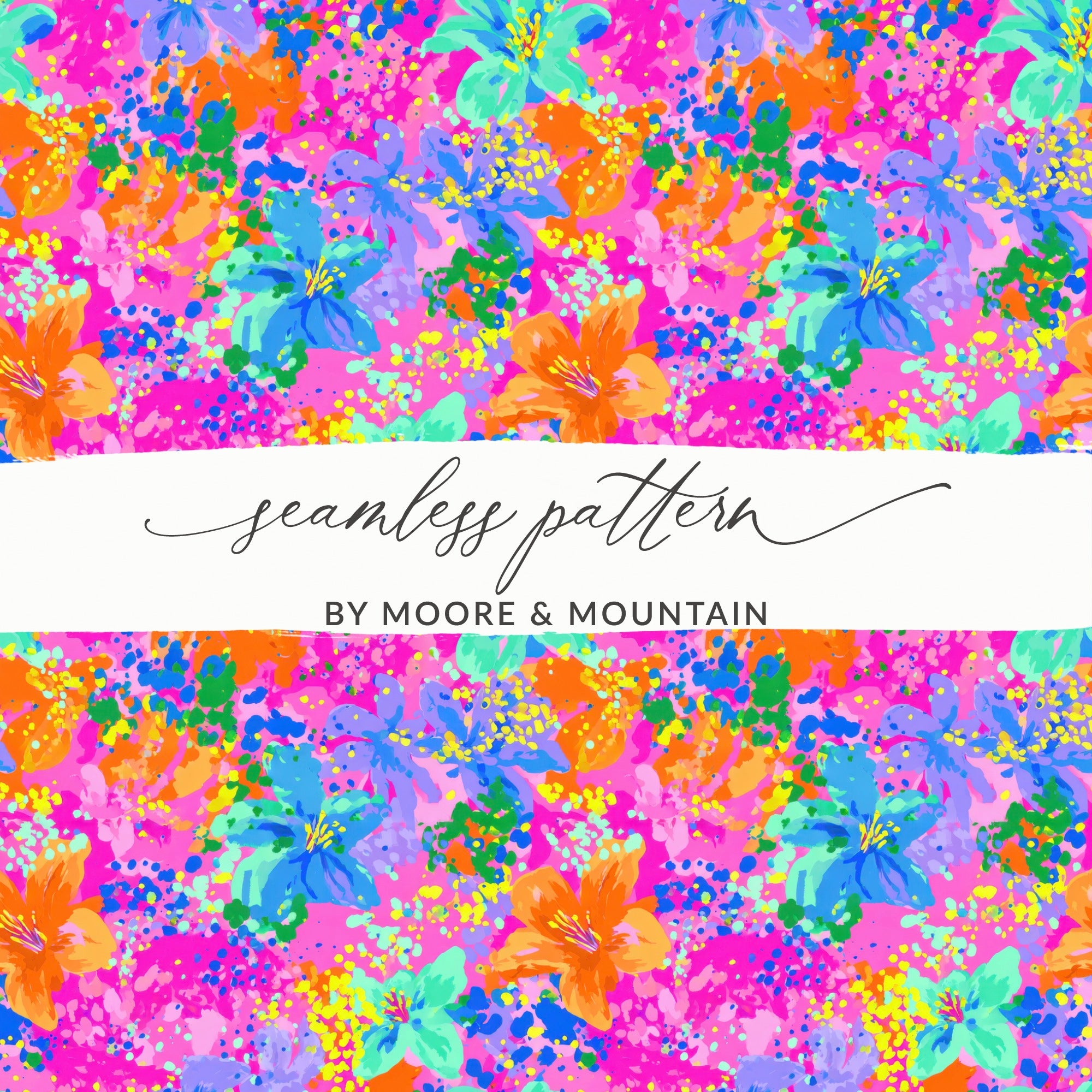 Vibrant Abstract Floral Seamless Pattern Digital Paper, Hot Pink Summer Bloom Splash Art Background, Maximalist Flower Design
