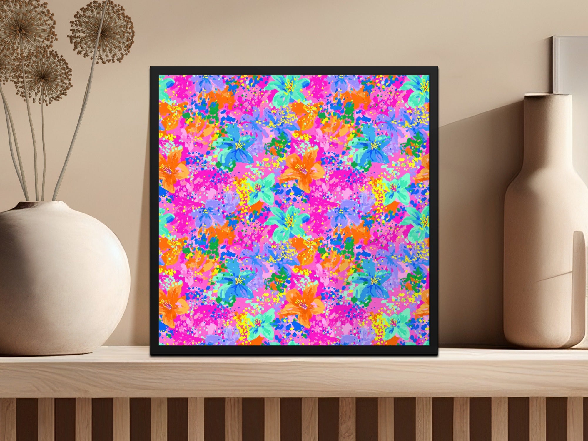 Vibrant Abstract Floral Seamless Pattern Digital Paper, Hot Pink Summer Bloom Splash Art Background, Maximalist Flower Design
