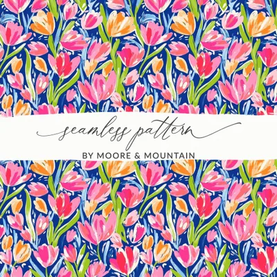 Vibrant Abstract Tulip Seamless Pattern, Hand Painted Floral Digital Design, Bright Blue Pink Orange Artwork, Spring Summer Digital Product