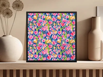 Vibrant Abstract Tulip Seamless Pattern, Hand Painted Floral Digital Design, Bright Blue Pink Orange Artwork, Spring Summer Digital Product
