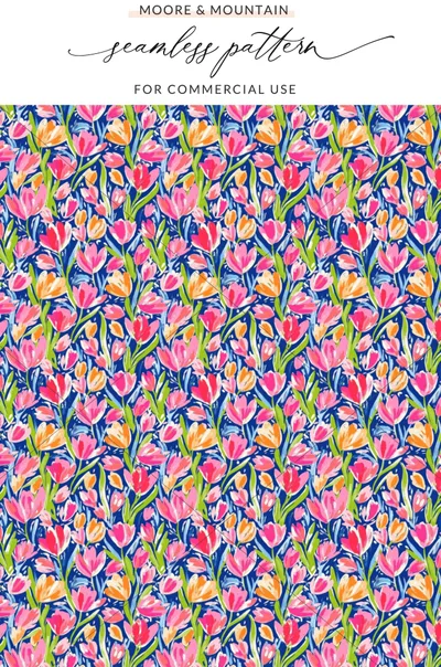 Vibrant Abstract Tulip Seamless Pattern, Hand Painted Floral Digital Design, Bright Blue Pink Orange Artwork, Spring Summer Digital Product