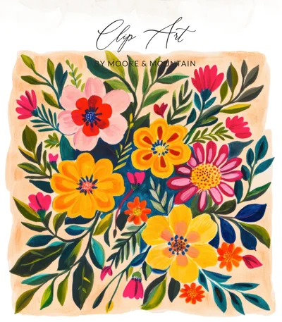Vibrant Boho Floral SVG Digital Download, Preppy Clip Art, Hand Painted Flower Bouquet PNG, Colorful Botanical Design File