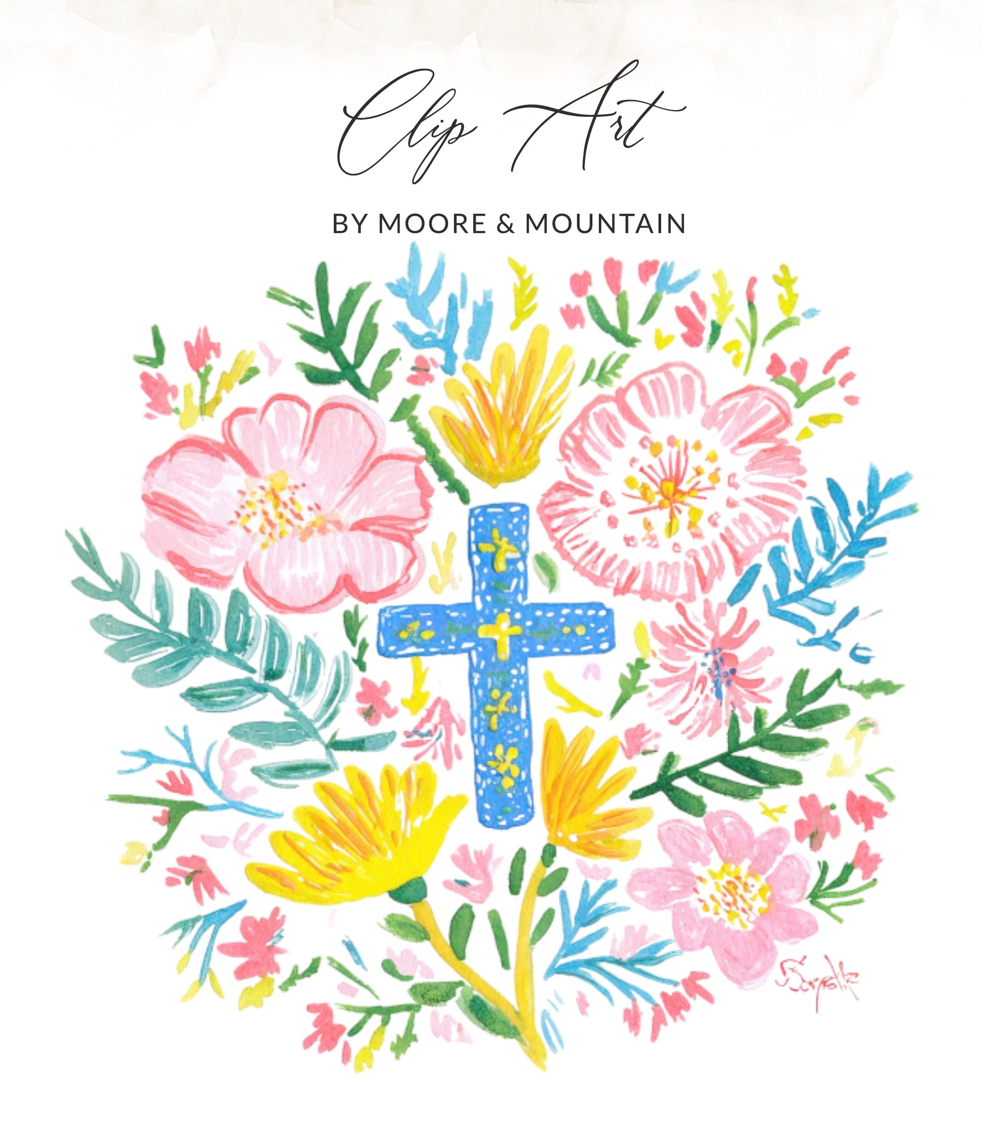 Vibrant Floral Cross Digital Art, Christian Faith Wall Decor, Botanical Religious Print, Spiritual Gift, Nursery Art, Instant Download