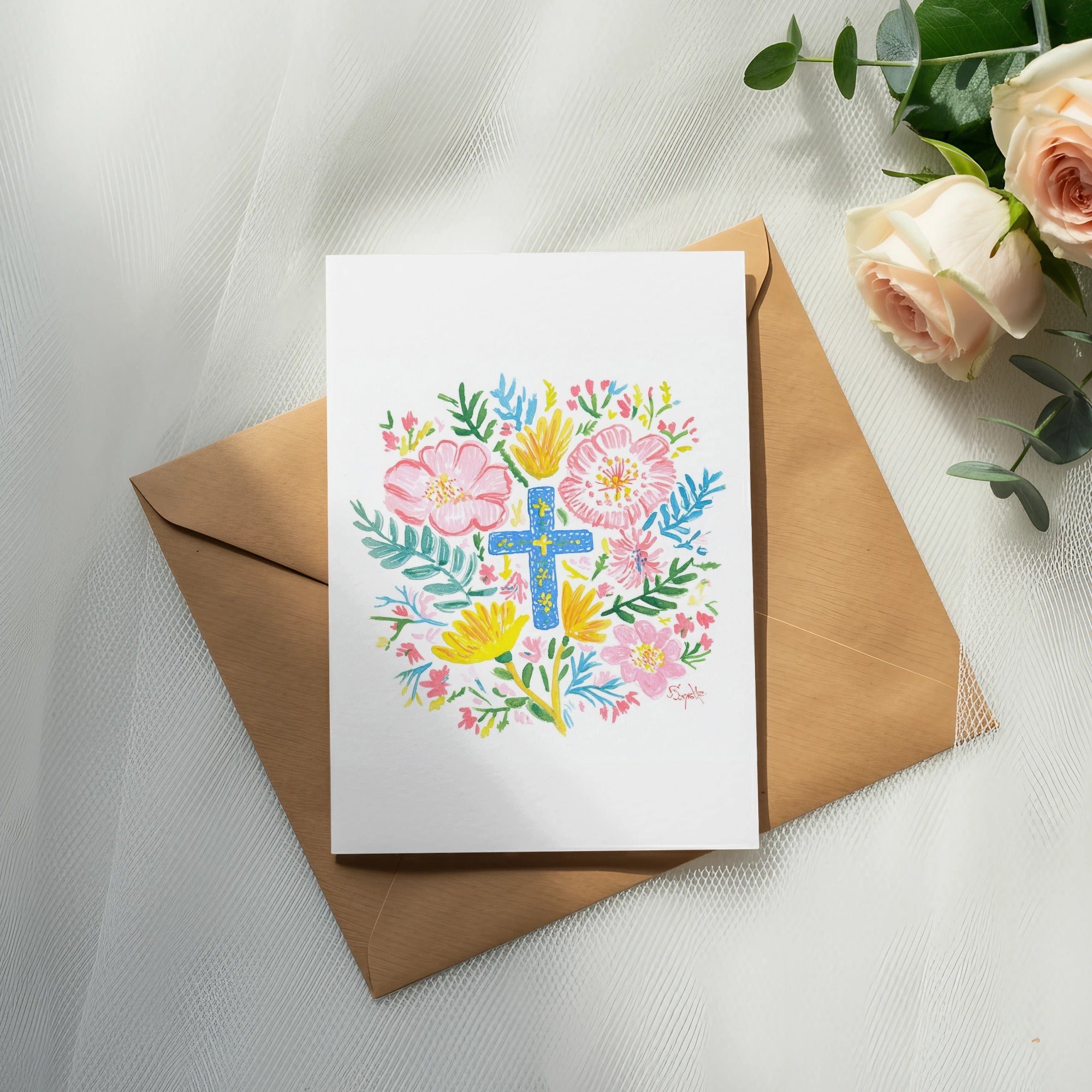 Vibrant Floral Cross Digital Art, Christian Faith Wall Decor, Botanical Religious Print, Spiritual Gift, Nursery Art, Instant Download