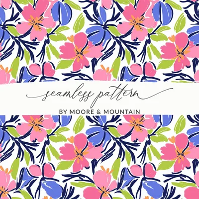 Vibrant Floral Digital Paper, Abstract Flower Pattern, Seamless Background, Preppy Pink Blue Green Design, Instant Download Art