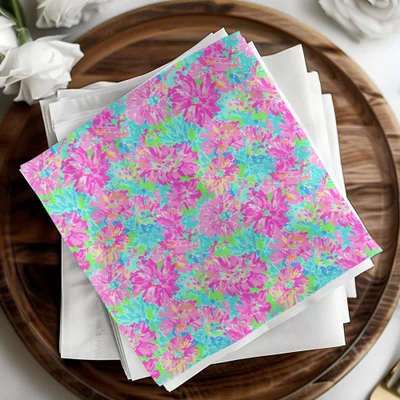 Vibrant Floral Digital Paper, Seamless Pattern, Pink Aqua Tropical Flowers, Summer Scrapbook Paper, Bright Background Digital Download