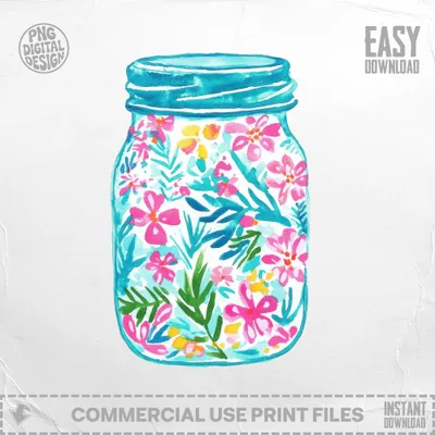 Vibrant Floral Mason Jar SVG | Preppy Flowers Digital Download | Summer Garden Craft File for Cricut & Silhouette | Pink Blue Yellow SVG