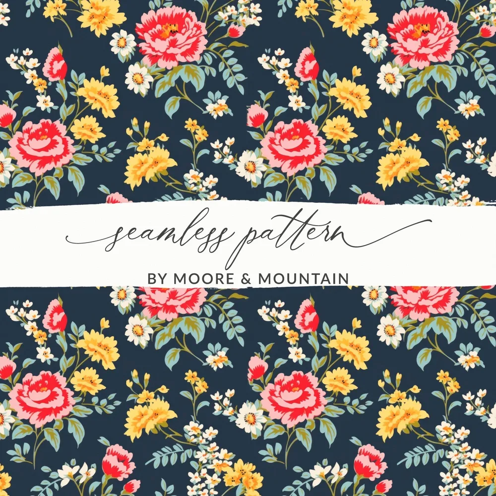 Vibrant Floral Pattern with Red and Yellow Blooms Digital