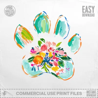Vibrant Floral Paw Print PNG SVG, Watercolor Pet Paw Digital Art, Colorful Abstract Dog Cat Paw Lover Gift, Instant Download Digital File