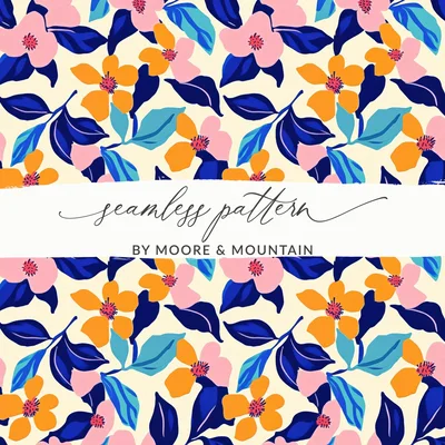 Vibrant Floral Seamless Pattern Digital Paper, Abstract Botanical Print, Bold Summer Flower Design, Blue Pink Orange Flowers Pattern File