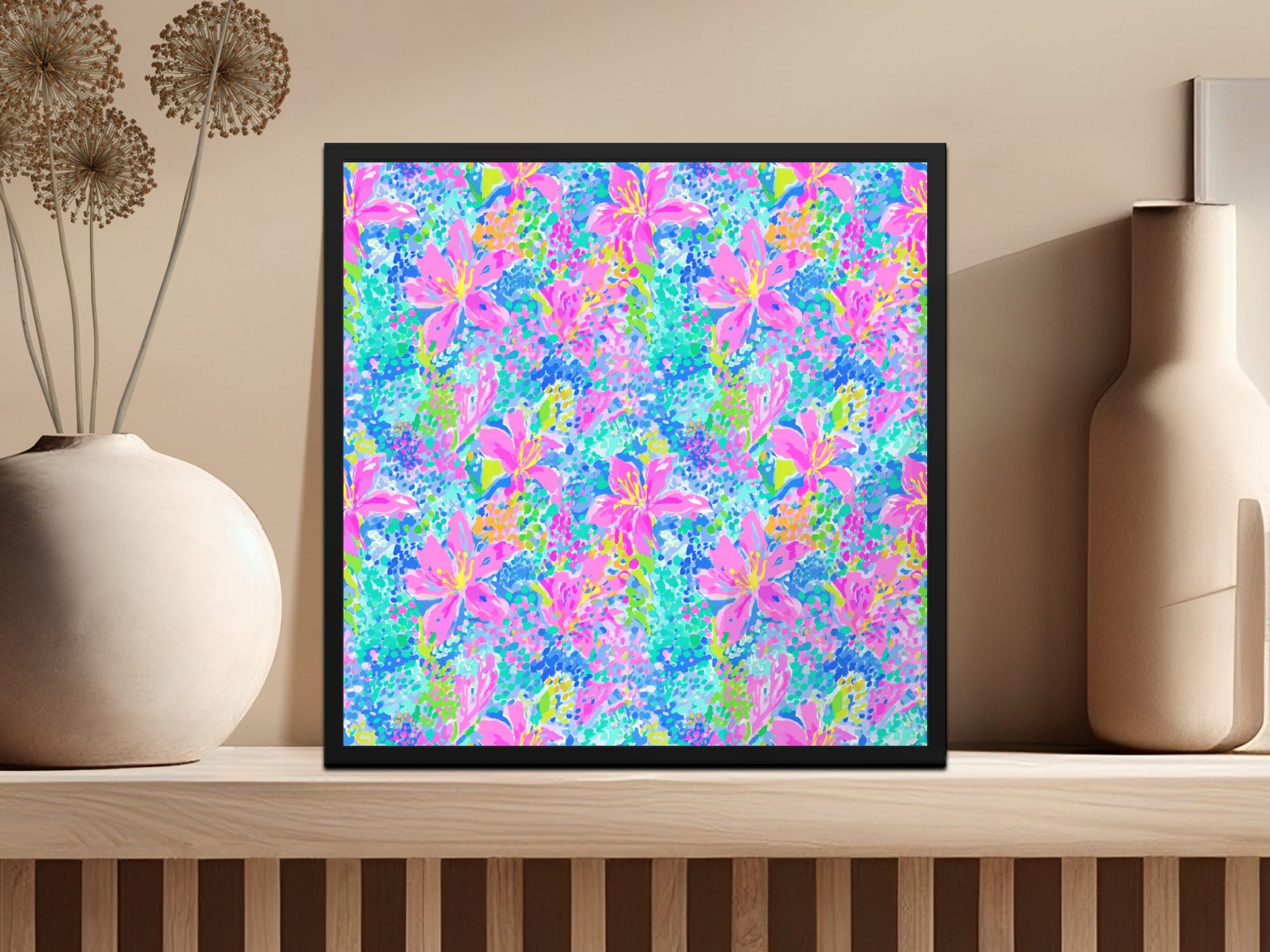 Vibrant Floral Seamless Pattern Digital Paper, Bright Pink Lily Abstract Summer Resort Style Digital Download, Preppy Tropical Design File