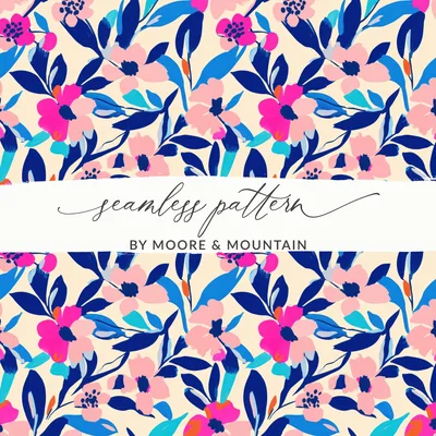 Vibrant Floral Seamless Pattern Digital Paper, Hot Pink Blue Abstract Flowers Print, Modern Botanical Design, Boho Tropical Blooms, Designer