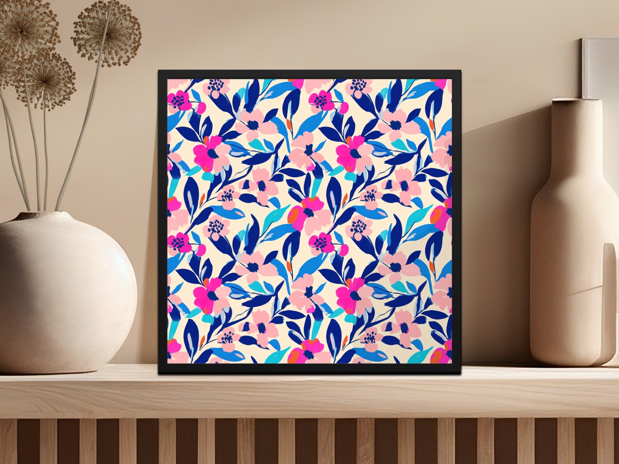 Vibrant Floral Seamless Pattern Digital Paper, Hot Pink Blue Abstract Flowers Print, Modern Botanical Design, Boho Tropical Blooms, Designer