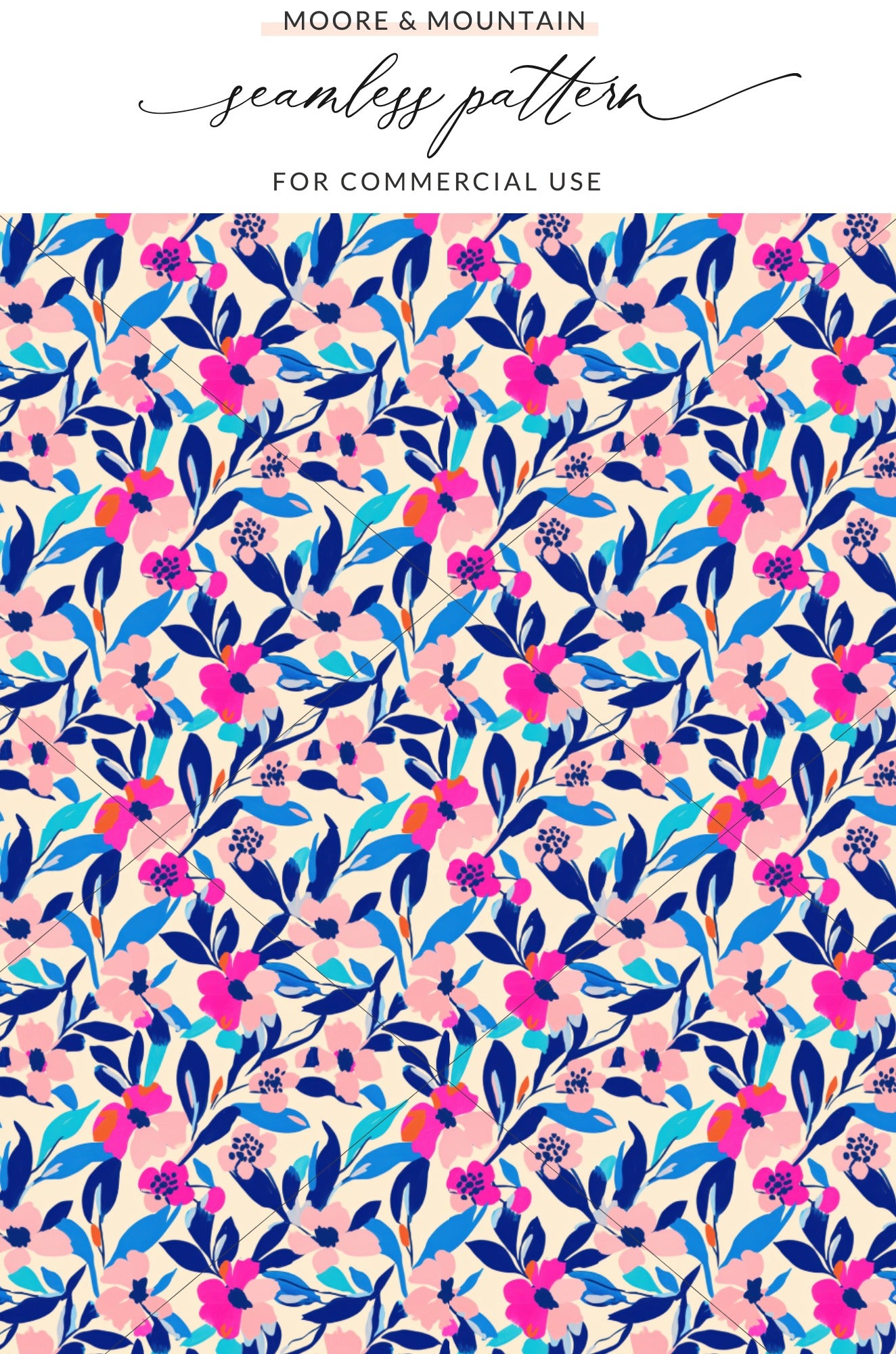 Vibrant Floral Seamless Pattern Digital Paper, Hot Pink Blue Abstract Flowers Print, Modern Botanical Design, Boho Tropical Blooms, Designer