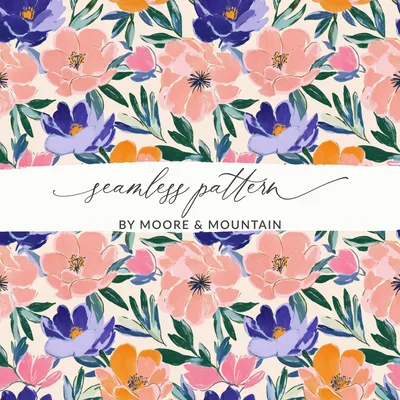 Vibrant Floral Seamless Pattern Digital Paper, Painterly Abstract Flowers, Modern Botanical Print, Faux Gold Effect Art Design