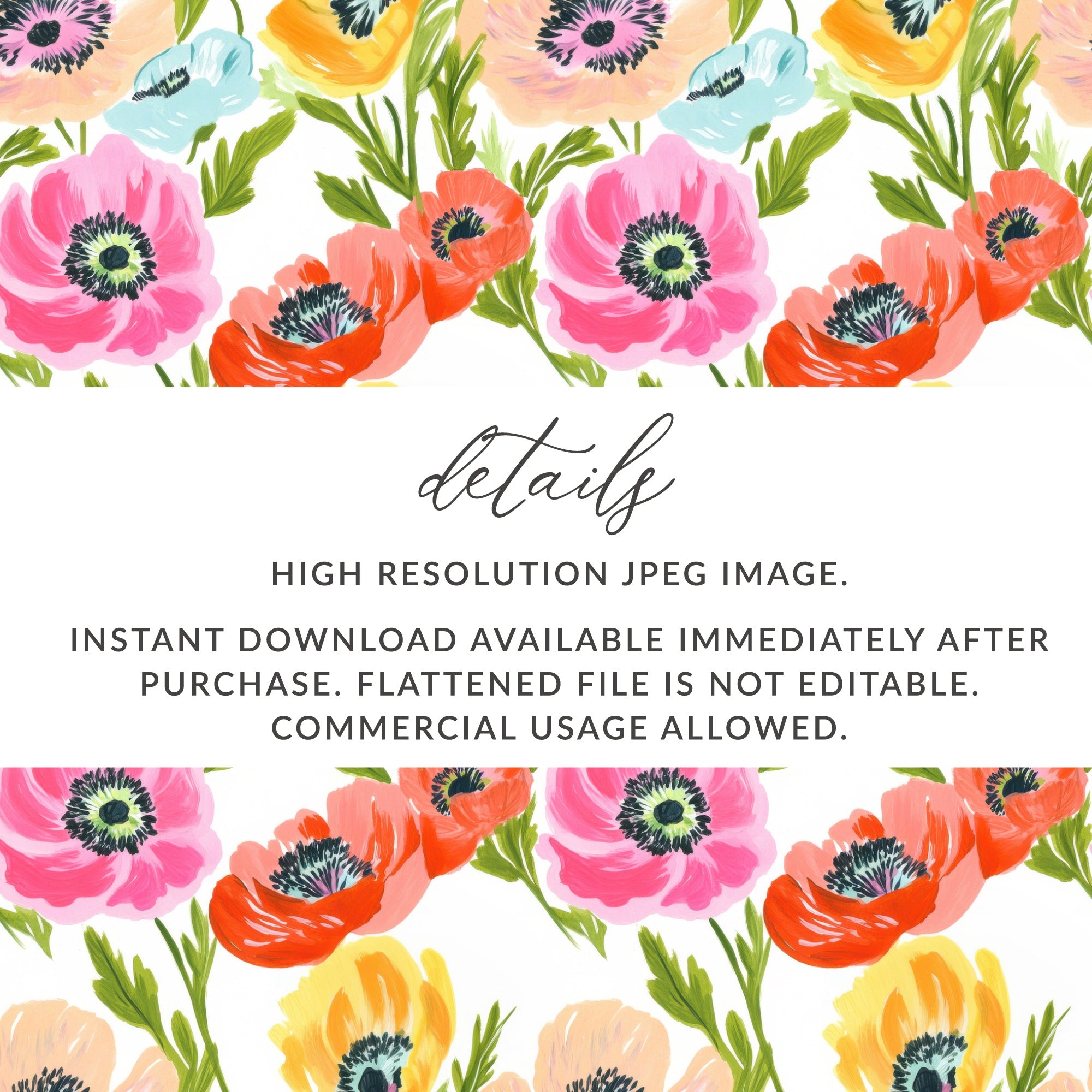Vibrant Floral Seamless Pattern, Painterly Poppy Digital Paper, Bright Summer Flower Repeat Design, Colorful Botanical Digital Download