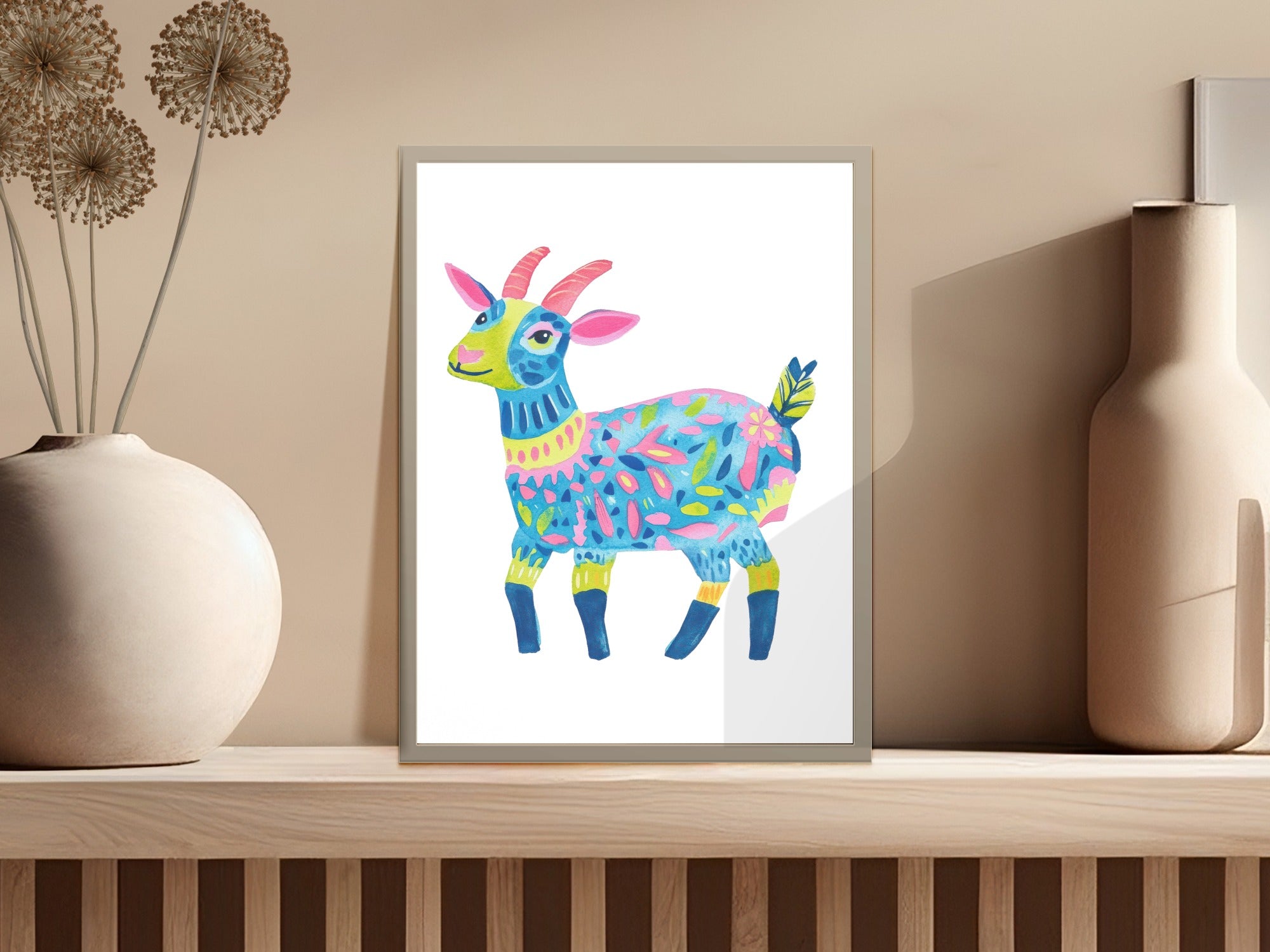 Vibrant Folk Art Goat Digital Print, Whimsical Animal Wall Art, Boho Nursery Decor, Unique Gift for Animal Lovers, Instant Download SVG